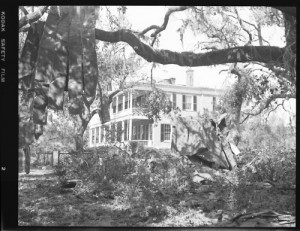 Black and white negative of hurricane damage sustained from Hurricane Gracie at the Edward Means house taken on Sept. 29, 1959. Photo courtesy Lowcountry Digital Library, The Lucille Hasell Culp Collection - A Celebration of Beaufort, South Carolina
