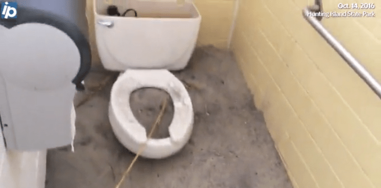 Sand piled up to the toilet in one of the bath houses at Hunting Island State Park. Photo from IP/BG video.
