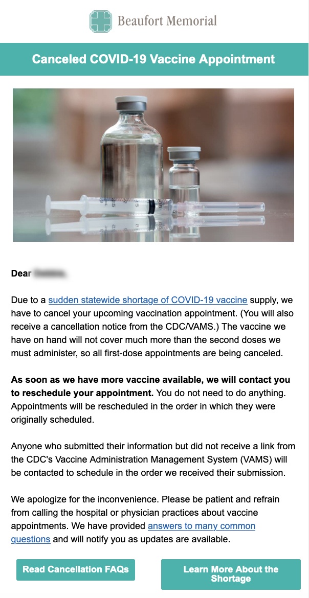 Beaufort Memorial Hospital Covid 19 Vaccine Cancellation